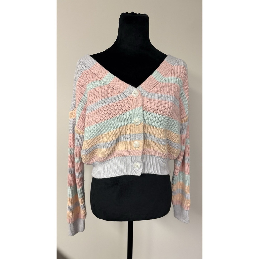 Moon & Madison Pastel Stripe Button Front Cropped Cardigan Women's Size M